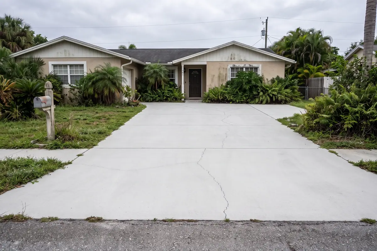 After: the same driveway washed clean, an even pale concrete surface across its full width.