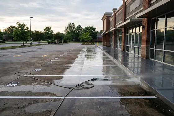 A commercial storefront and walkway being pressure washed early in the morning.