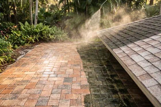 A paver patio half cleaned, showing the original stone colour against algae-darkened stone.