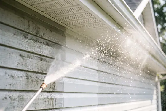House siding and white soffit being washed, mildew streaks giving way to clean panels.