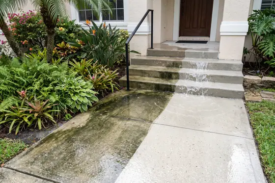 Concrete entry steps and a walkway being washed, clean concrete emerging below the handrail.